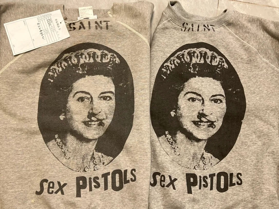 Printing proofing SAINT Mxxxxxx x SEX PISTOLS QUEEN SP_CREW SWT/GRAY band joint vintage sweatshirt Queen ripped retro sweatshirt gray S-XL